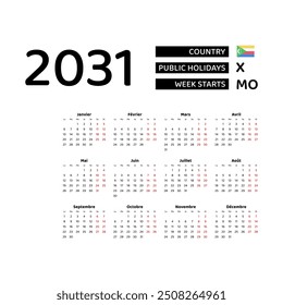 Calendar 2031 French language with Comoros public holidays. Week starts from Monday. Graphic design vector illustration.