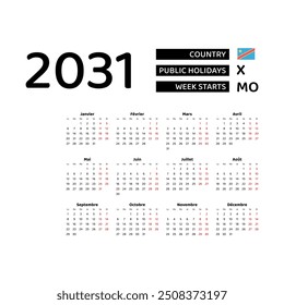 Calendar 2031 French language with Democratic Republic of the Congo public holidays. Week starts from Monday. Graphic design vector illustration.