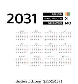 Calendar 2031 French language with Guinea public holidays. Week starts from Monday. Graphic design vector illustration.