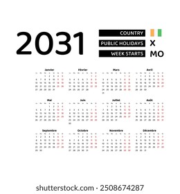 Calendar 2031 French language with Ivory Coast public holidays. Week starts from Monday. Graphic design vector illustration.