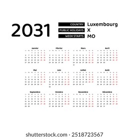 Calendar 2031 French language with Luxembourg public holidays. Week starts from Monday. Graphic design vector illustration.