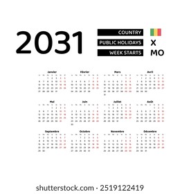 Calendar 2031 French language with Mali public holidays. Week starts from Monday. Graphic design vector illustration.