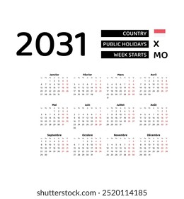 Calendar 2031 French language with Monaco public holidays. Week starts from Monday. Graphic design vector illustration.