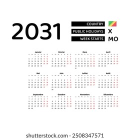 Calendar 2031 French language with Republic of the Congo public holidays. Week starts from Monday. Graphic design vector illustration.