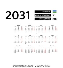 Calendar 2031 French language with Rwanda public holidays. Week starts from Monday. Graphic design vector illustration.