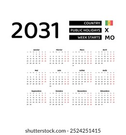 Calendar 2031 French language with Senegal public holidays. Week starts from Monday. Graphic design vector illustration.