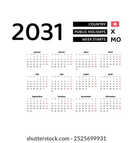 Calendar 2031 French language with Switzerland public holidays. Week starts from Monday. Graphic design vector illustration.