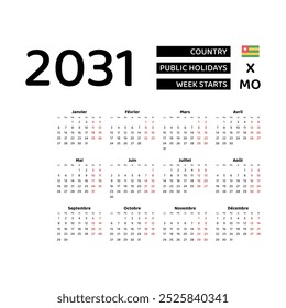 Calendar 2031 French language with Togo public holidays. Week starts from Monday. Graphic design vector illustration.