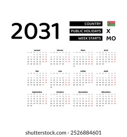 Calendar 2031 French language with Vanuatu public holidays. Week starts from Monday. Graphic design vector illustration.