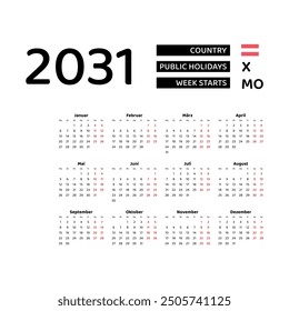 Calendar 2031 German language with Austria public holidays. Week starts from Monday. Graphic design vector illustration.