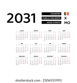 Calendar 2031 German language with Belgium public holidays. Week starts from Monday. Graphic design vector illustration.