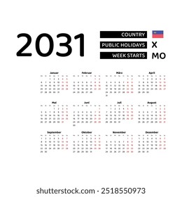 Calendar 2031 German language with Liechtenstein public holidays. Week starts from Monday. Graphic design vector illustration.