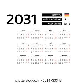 Calendar 2031 Germany language with German public holidays. Week starts from Monday. Graphic design vector illustration.