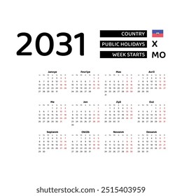 Calendário 2031 Crioulo haitiano língua com feriados haitianos. A semana começa na segunda. Ilustração de vetor de design gráfico.