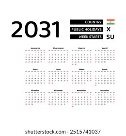 Calendar 2031 Hindi language with India public holidays. Week starts from Sunday. Graphic design vector illustration.