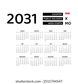 Calendar 2031 Indonesian language with Indonesia public holidays. Week starts from Monday. Graphic design vector illustration.