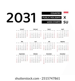 Calendar 2031 Indonesian language with Indonesia public holidays. Week starts from Sunday. Graphic design vector illustration.