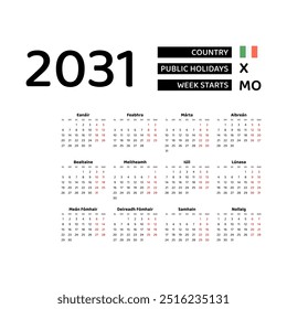 Calendar 2031 Irish language with Ireland public holidays. Week starts from Monday. Graphic design vector illustration.