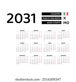 Calendar 2031 Italian language with Italy public holidays. Week starts from Monday. Graphic design vector illustration.