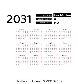 Calendário 2031 Língua italiana com feriados de São Marino. A semana começa na segunda. Ilustração de vetor de design gráfico.