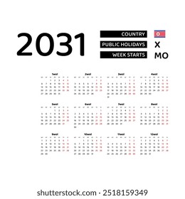 Calendar 2031 Korean language with North Korea public holidays. Week starts from Monday. Graphic design vector illustration.