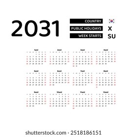 Calendar 2031 Korean language with South Korea public holidays. Week starts from Sunday. Graphic design vector illustration.