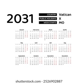 Calendário 2031 Língua latina com feriados da Cidade do Vaticano. A semana começa na segunda. Ilustração de vetor de design gráfico.