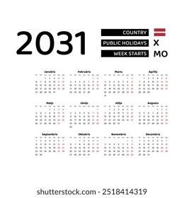 Calendar 2031 Latvian language with Latvia public holidays. Week starts from Monday. Graphic design vector illustration.