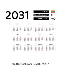 Calendar 2031 Lithuanian language with Lithuania public holidays. Week starts from Monday. Graphic design vector illustration.