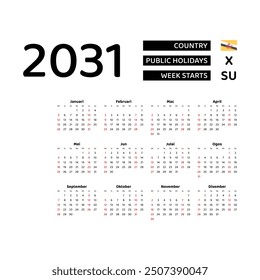 Calendar 2031 Malay language with Brunei Darussalam public holidays. Week starts from Sunday. Graphic design vector illustration.