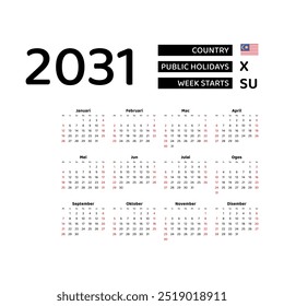 Calendar 2031 Malay language with Malaysia public holidays. Week starts from Sunday. Graphic design vector illustration.