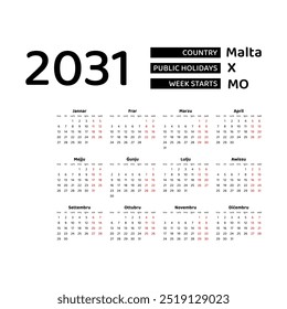 Calendario 2031 Idioma maltés con los días festivos de Malta. La semana comienza el lunes. Ilustración vectorial de Diseño gráfico.