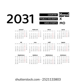 Calendar 2031 Nepali language with Nepal public holidays. Week starts from Monday. Graphic design vector illustration.