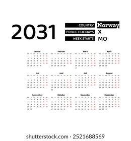 Calendar 2031 Norwegian language with Norway public holidays. Week starts from Monday. Graphic design vector illustration.