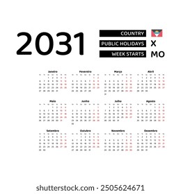 Calendar 2031 Portuguese language with Antigua and Barbuda public holidays. Week starts from Monday. Graphic design vector illustration.