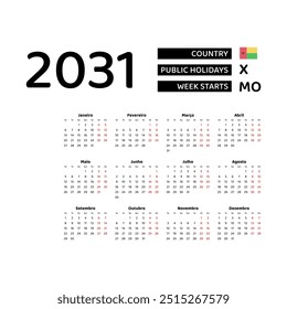 Calendar 2031 Portuguese language with Guinea-Bissau public holidays. Week starts from Monday. Graphic design vector illustration.