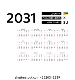 Calendar 2031 Portuguese language with Mozambique public holidays. Week starts from Sunday. Graphic design vector illustration.