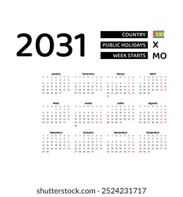 Calendário 2031 Português com São Tomé e Príncipe feriados públicos. A semana começa na segunda. Ilustração de vetor de design gráfico.