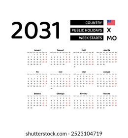 Calendar 2031 Samoan language with Samoa public holidays. Week starts from Monday. Graphic design vector illustration.