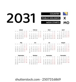 Calendar 2031 Serbian language with Bosnia and Herzegovina public holidays. Week starts from Monday. Graphic design vector illustration.