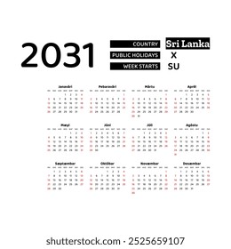 Calendar 2031 Sinhala language with Sri Lanka public holidays. Week starts from Sunday. Graphic design vector illustration.