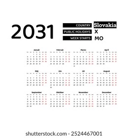 Calendar 2031 Slovak language with Slovakia public holidays. Week starts from Monday. Graphic design vector illustration.