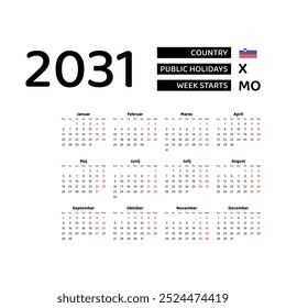 Calendar 2031 Slovenian language with Slovenia public holidays. Week starts from Monday. Graphic design vector illustration.