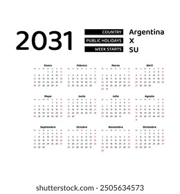 Calendar 2031 Spanish language with Argentina public holidays. Week starts from Sunday. Graphic design vector illustration.