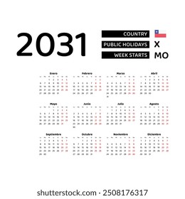 Kalender 2031 Spanisch mit Chile Feiertage. Die Woche beginnt am Montag. Grafikdesign, Vektorgrafik.