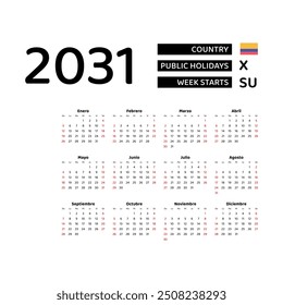 Calendar 2031 Spanish language with Colombia public holidays. Week starts from Sunday. Graphic design vector illustration.