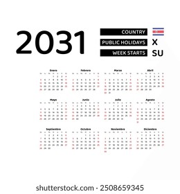 Calendar 2031 Spanish language with Costa Rica public holidays. Week starts from Sunday. Graphic design vector illustration.