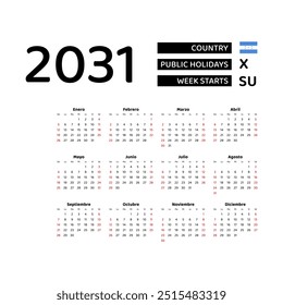 Calendar 2031 Spanish language with Honduras public holidays. Week starts from Sunday. Graphic design vector illustration.