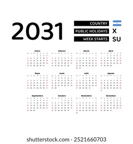 Calendar 2031 Spanish language with Nicaragua public holidays. Week starts from Sunday. Graphic design vector illustration.