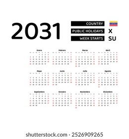 Calendar 2031 Spanish language with Venezuela public holidays. Week starts from Sunday. Graphic design vector illustration.